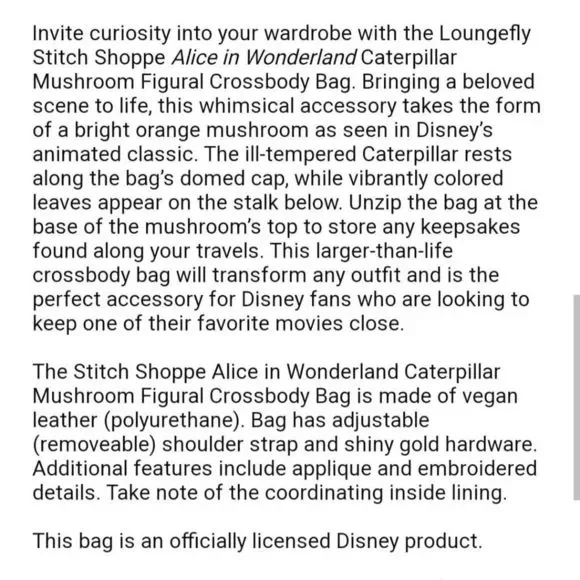 Loungefly Stitch Shoppe Disney Alice in Wonderland Caterpillar Mushroom Crossbod - Picture 9 of 9